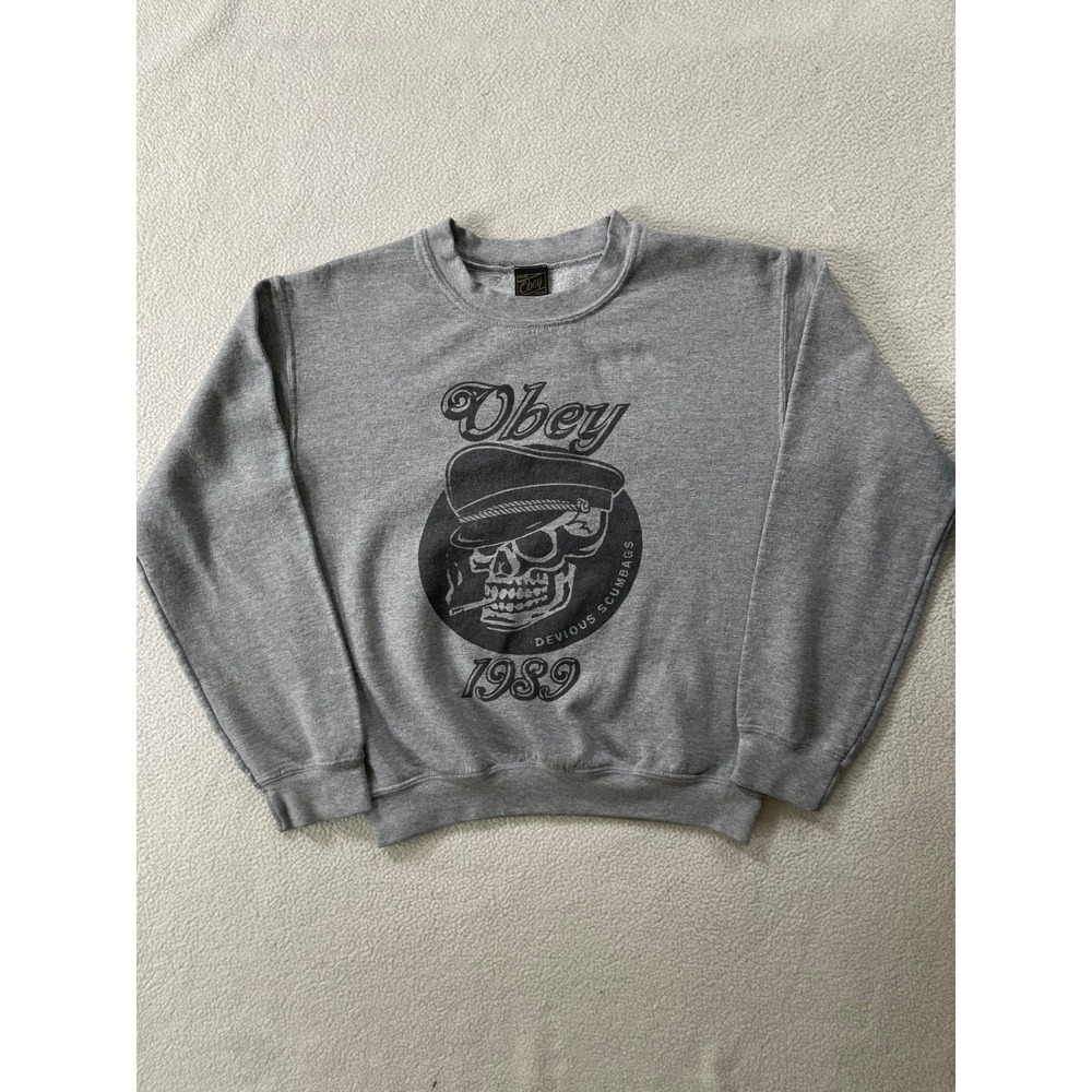 Obey Mens Small Sweatshirt Gray Devious Scumbags Skull Graphic Crewneck 1989